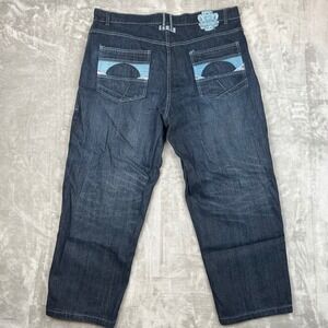 Evolution In Design Y2K Mens Baggy Dark Wash Denim Jeans Blue Stitching 42x34